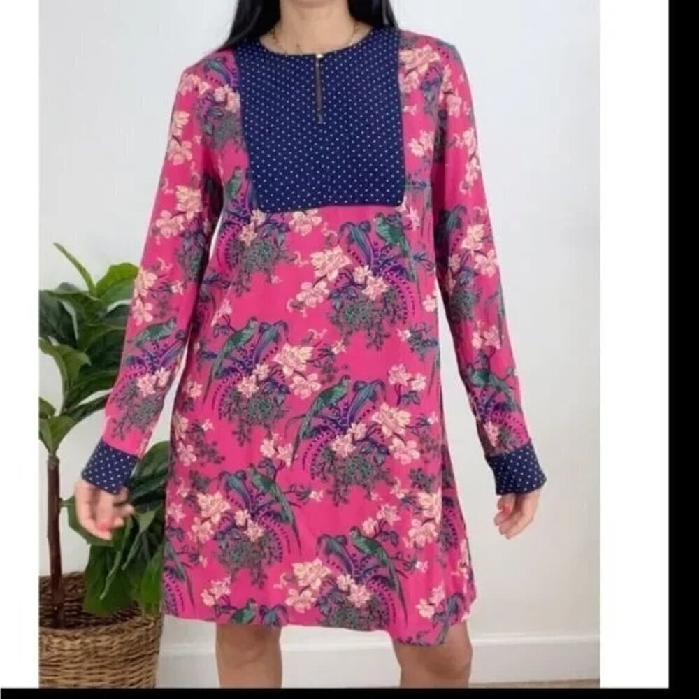Anthropologie Women's Maeve Bird Print Polka Dot Trim Dress Pink Navy Size 4